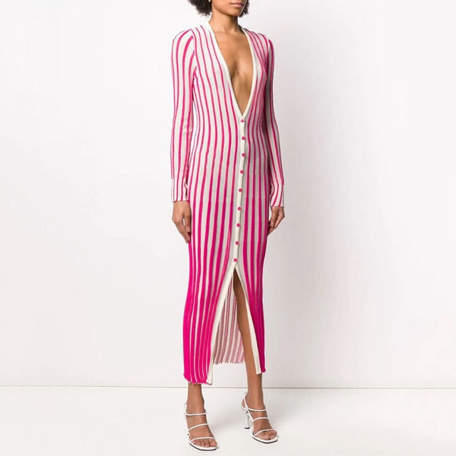 High Quality Striped Elastic Split Sweater Dress Elegant Women&#39;S Bodycon Evening Party Long Dress Female 2022 Fashion New