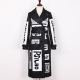 High Quality Printing Letter Pattern Loose Version Double Breasted Belt  Long Coat Women Graffiti Casual Windbreaker Trench