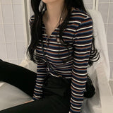 Women Striped Cardigan V-Neck Long Sleeve Thin Sweater e-girl Female Rib Knitt Jackets Cardigans Spring Summer 2021 Korea Kpop