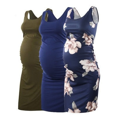 Womens Vintage Maternity Dresses Sleeveless Side Ruched Pregnant Tank Dress Floral Knee Length Pregnancy Clothes S-XL
