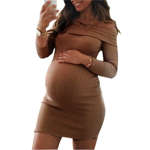 Maternity Dresses For Pregnant Women Clothes Sexy Solid Color One-Shoulder Long-sleeved Dress Photography Props Clothes