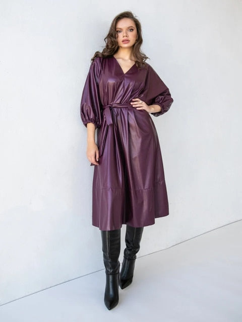 Women Vintage Sashes Purple PU Party Dress Lantern Sleeve Sexy V neck Solid Elegant Casual A-line Dress 2021 Autumn New Dress