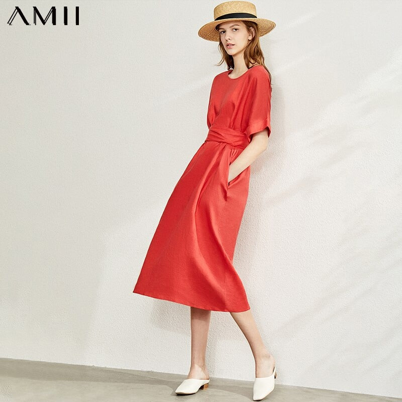 Amii Minimalism New Causal Women&#39;s Dress Offical Lady 100%Linen Oneck Loose Belt Calf-length Women&#39;s Summer Dress 12140192