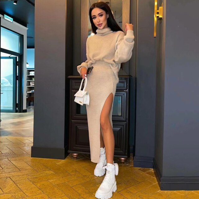 Winter Knit Two Piece Set Women Harem Skirt Suits Oversized Loose Sweaters Turtleneck Pullover Female Knitted Tracksuit Outfits