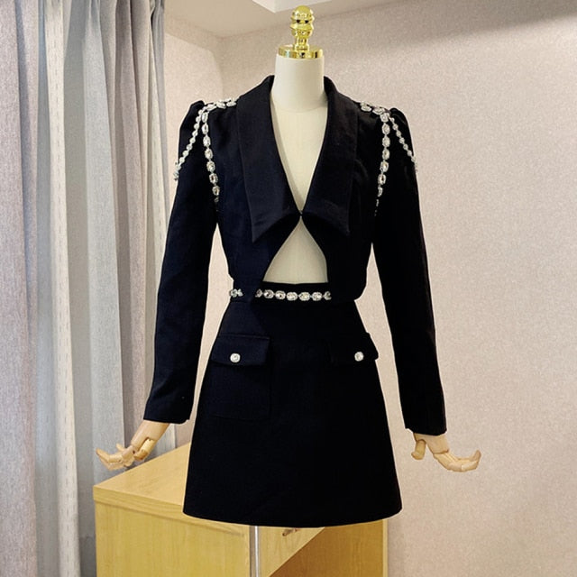 Rarove- 2024 Autumn Elegant Ol Women Two-Piece Set Diamond Chain Short Blazer Jacket + A-Line Mini Skirt Suit Fashion Party Office Sets