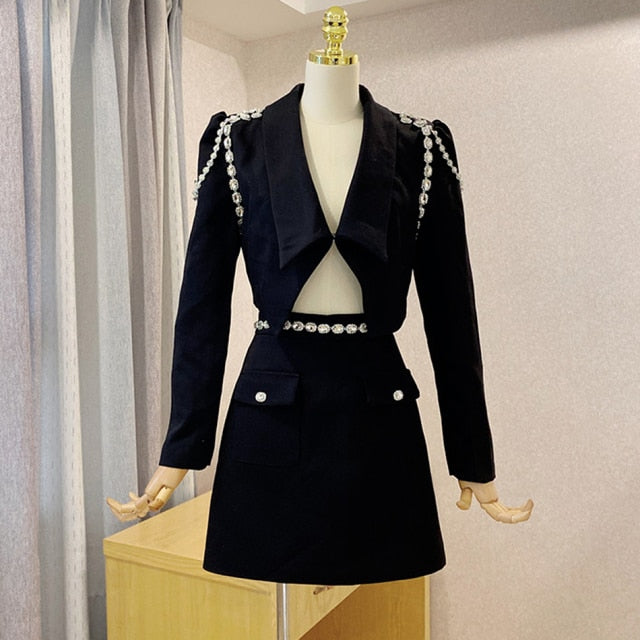 Rarove 2022 Autumn Elegant Ol Women Two-Piece Set Diamond Chain Short Blazer Jacket + A-Line Mini Skirt Suit Fashion Party Office Sets