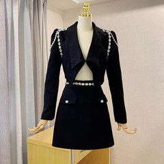 Rarove- 2024 Autumn Elegant Ol Women Two-Piece Set Diamond Chain Short Blazer Jacket + A-Line Mini Skirt Suit Fashion Party Office Sets