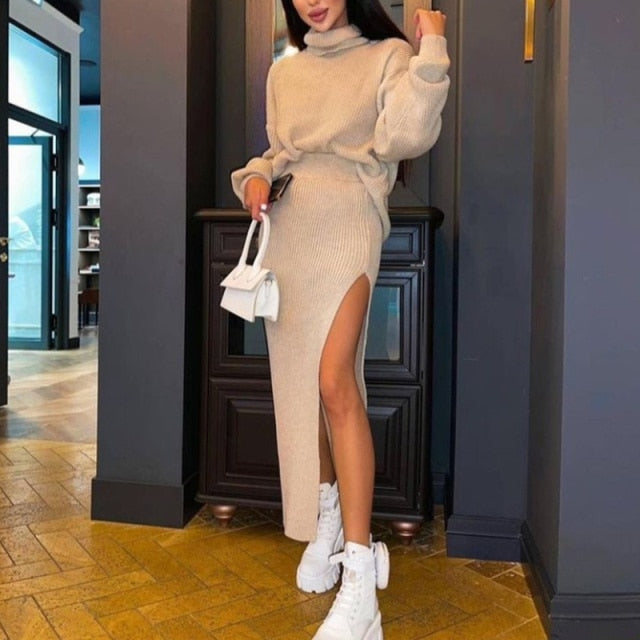 Turtleneck Knitted Sweater Skirt Two Pieces Set Women Autumn Winter 2021 Long Sleeve Pullover Sexy Side Split Midi Skirts Suit