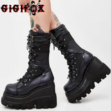 Christmas Gift 2021 Autumn Winter Sale Punk Halloween Witch Cosplay Platform High Wedges Heels Black Gothic Calf Boots Women Shoes Big Size 43