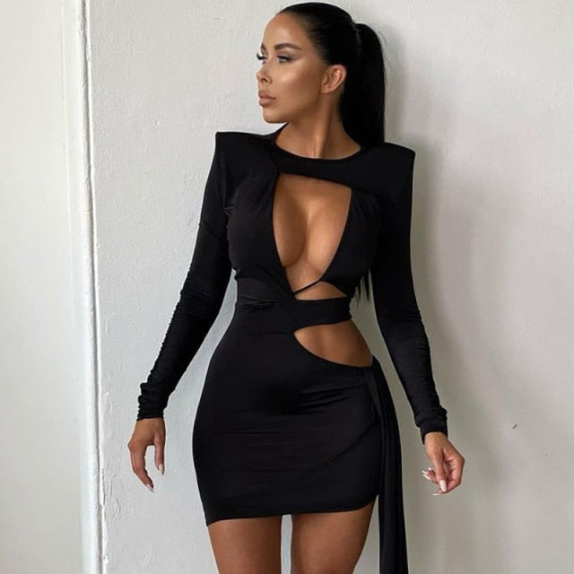 Rarove Autumn Winter Women Long Sleeve Hollow Out Patchwork Mini Dress With Shoulder Pad Bodycon Sexy Party Club Festival