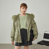 Women Winter Fox Fur Collar Faction Overcomes Female Detachable Rabbit Fur Loose Coat Green Commuter Jackets