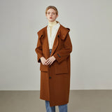 Women's winter hooded big pocket double-sided woolen coat women beige Straight single-breasted orange cashmere coats