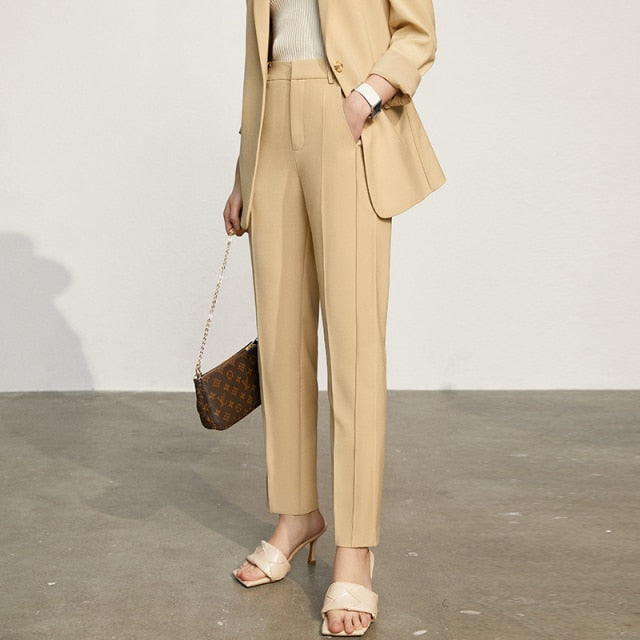 Amii Minimalism Spring New Women&#39;s Suit Offical Lady Solid Lapel Blazer Women Causal High Waist Suit Pants 12130081