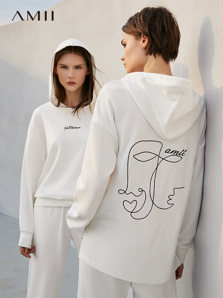 AMII Minimalism Winter Sport Set For Women Streetwear Letter Hooded Sweatshirts High Waist Pants Female Two Piece Set 12130372