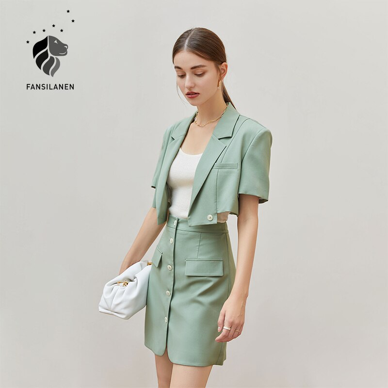 Office Lady Suit Green Half-length Skirt Suit Two-piece Summer Fashion Age Reduction 2021 New Polyester Women Suit