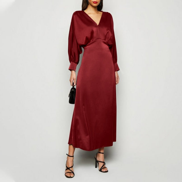 Rarove Elegant Women Maxi Dress 2023 Autumn Satin Silk Solid Long Dress Long Bat Sleeve V Neck Party Vestidos Robe Femme