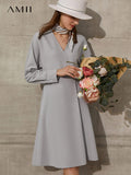 Minimalism Spring Offical Lady Women&#39;s Dress Causal Solid Vneck Full Sleeve High Waist Chiffon Dress For Women