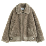 Winter Women Khaki Casual Faux Fur Jacket 2021 Simple Commuter Fur All-in-one Short Coat Patchwork Design Zipper Coat