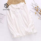 2022 Spring New Women Peter Pan Collar Cotton White Shirt With Tie Long Sleeve Lace Blouse Autumn Solid Sweet Cute Girls Tops T0