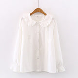 Rarove Spring New Women Peter Pan Collar Cotton White Shirt With Tie Long Sleeve Lace Blouse Autumn Solid Sweet Cute Girls Tops T0