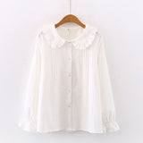 2022 Spring New Women Peter Pan Collar Cotton White Shirt With Tie Long Sleeve Lace Blouse Autumn Solid Sweet Cute Girls Tops T0