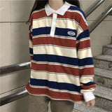 Comfy Striped Sweatshirt Oversized Long Sleeve Polo Neck Loose Pullover Sweatshirts Aesthetic Cute Streetwear