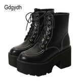 Punk Style Women Motorcycle Boots Round Toe Thick Platform High Heeled Lace-Up Female Ankle Boots White Sewing Thread