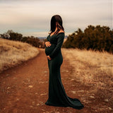 Women's Off Shoulder Maternity Slim Fitted Gown Cross-Front V Neck Wrap Ruched Long Sleeve Pregnancy Maxi Photography Dress