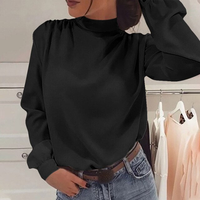 Elegant OL Blouse Celmia Stylish Women Spring Turtleneck Long Sleeve Blouse Solid Casual  Lace-up Back Bow Party Blusas