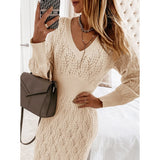 Women Office Lady Hollow Out Knitted Dress Lantern Sleeve Sexy V neck All-match Casual Party Dress 2022 Winter Fashion Dress