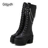 Black Leather Pu High Quality Winter Platform High Heels Shoes With Chain Gothic Metal Combat Knee High Boots Women Zip