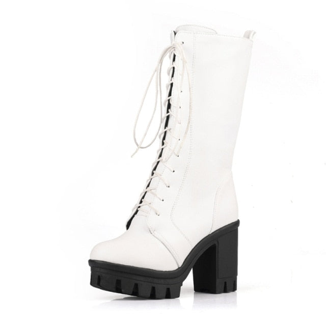 2022 Hot Sale Spring Autumn Lacing Mid Calf Boots Women Fashion White Square Heels Woman Mortorcycle Boot Plus Size 34-43