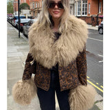 Fur Trim Leopard Jackets Women Long Sleeve Coats Y2K Streetwear Autumn Winter Warm Casual Outerwear Button Cardigans