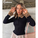 Ribbed Leopard Print Sweaters For Women Furry Patchwork Cardigan Bodycon Zipper Turn-Down Collar Jumpers Long Sleeve