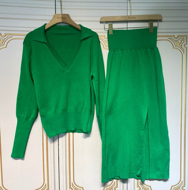 Free Shipping Women 2 Piece Set Pullover sweater &amp; High Waist Split Long Skirt Casual Knit Sets 2022 Autumn Female Streetwear