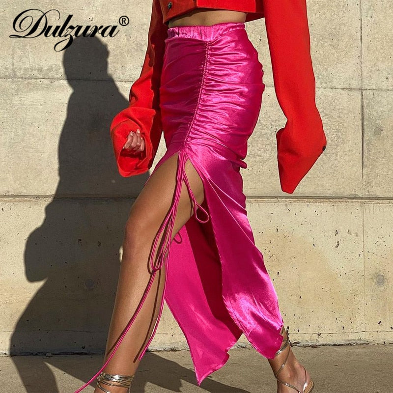 Solid Drawstring Lace Up Ruched High Waist Satin Midi Skirt Slit Bodycon Sexy Streetwear 2022 Autumn Winter Clothes