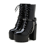 Rarove Winter Fashion Boots Elegant Chain Platform Ankle Boots High Chunky Heels Spiked Boots Punk Goth Patent Leather