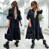 Syhloli Women casual long dress turn-down collar puff sleeve solid a-line dress 2022 new fashion party sexy summer dress