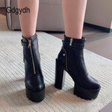 Front Zipper Women Ankle Boots Leather Black Fashion Belt Buckle Autumn Women&#39;s Boots Nightclub Warm Thick Boots White