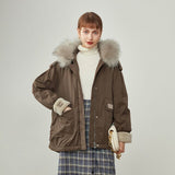 Women's Winter Large Fur Collar Design Windproof Fashion Down Jackets Women Short Coffee Color Hood Casual Down Coats