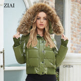 New 2021 Winter Women's Coat Natural Fur Short Cotton Jacket  Fashion Shiny Fabric Warm Thick Hood Female Parka ZR-7270