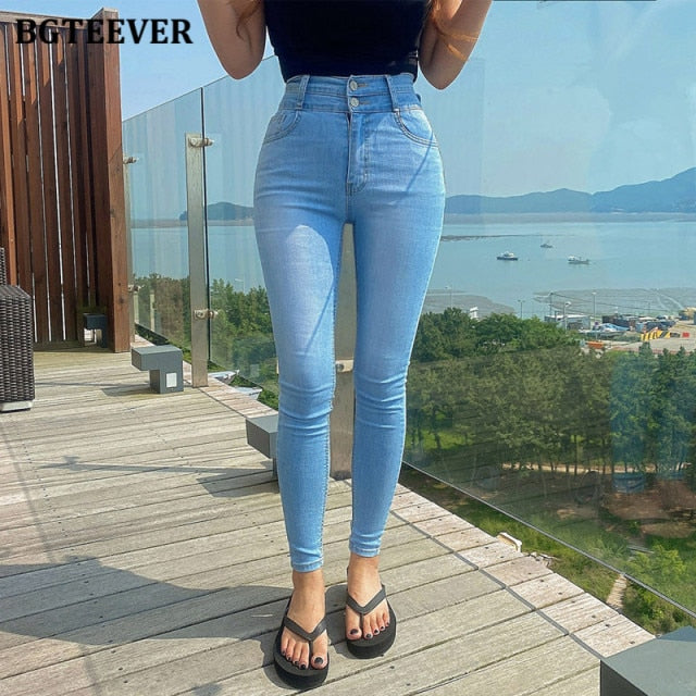 Rarove 2022 Autumn Double Button Skinny Blue Jeans For Women High Waist Female Denim Pencil Jeans Casual Women Trousers