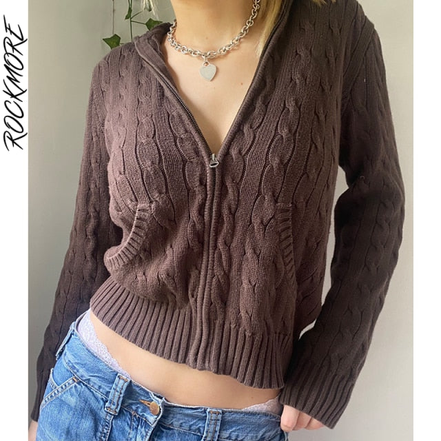 Autumn Vintage Hoodie Sweater Cardigans Women Brown Knitwear Aesthetic Knitted Zip Up Tops E Girl Casual Outwear