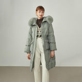 Women's Mid-length Fox Fur Collar Down Jacket Winter Horn Buckle Waist Apricot Thicken Down Coats Green Straight Coat
