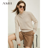 Minimalism Winter Sweater For Women Elegant Stand Collar Loose Knitted Tops Office Lady Cashmere Sweaters Pullover