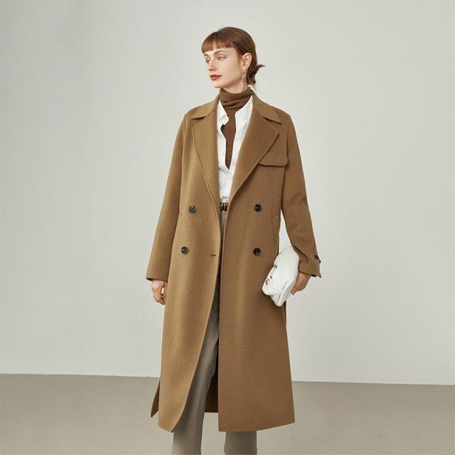 Women&#39;s Mid-length Double-faced Woolen Coat Temperament Suit Collar Design Women Winter Light Tan Slim Cashmere Coats