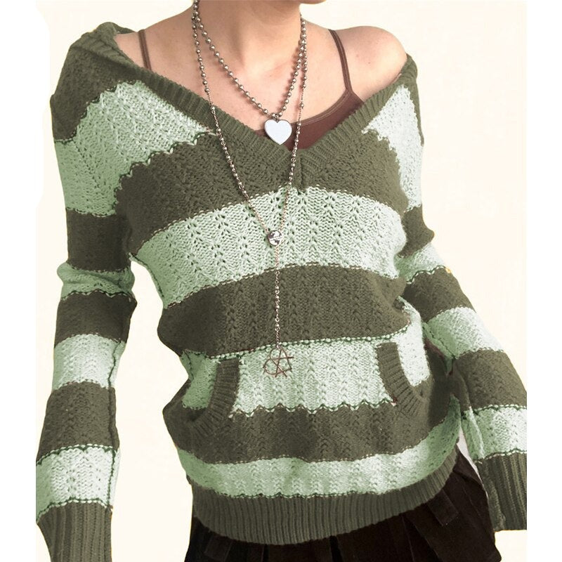 Rarove Vintage Striped Hoodie Sweaters Women Knitted V Neck Jumpers y2k Autumn Casual Pockets Pullovers Knitwear Korean Grunge