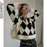 Argyle Plaid Sweaters Women Y2K Aesthetic E Girl Jumpers Casual Knitted Pullovers Autumn Fashion Loose Knitwear Tops