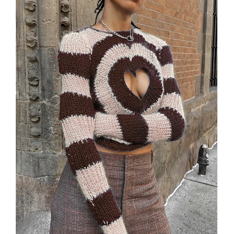 Rarove Heart Hollow Out Crop Sweaters Women Sexy Striped Jumpers Streetwear Knitted Pullovers Y2K Aesthetic Casual Knitwear