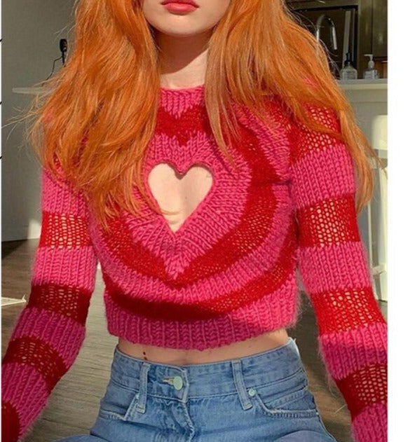 Rarove Heart Hollow Out Crop Sweaters Women Sexy Striped Jumpers Streetwear Knitted Pullovers Y2K Aesthetic Casual Knitwear